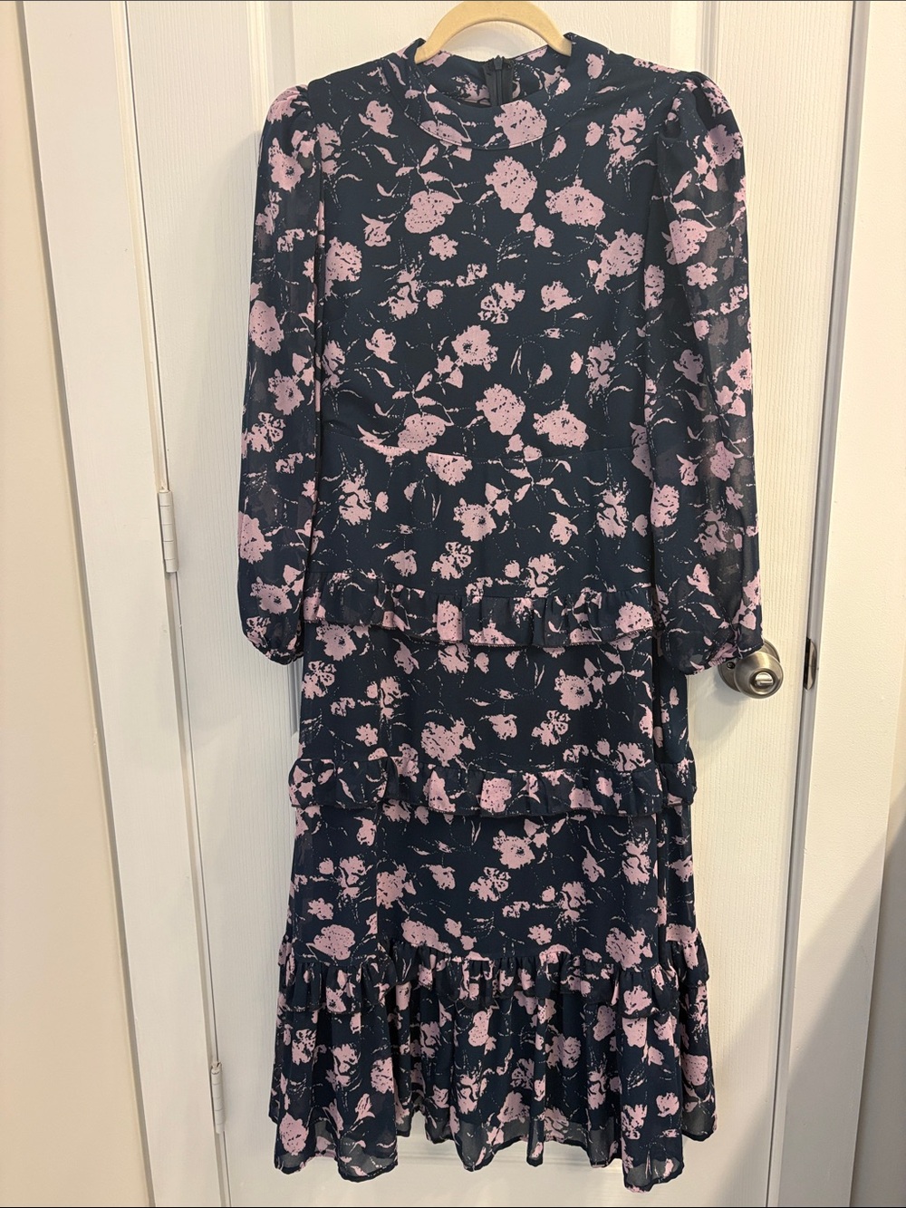 Navy Long-Sleeve Midi Dress with Pink Floral Print